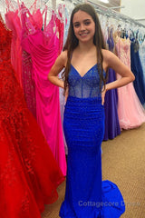 Royal Blue Lace-Up Back Beading Prom Dress