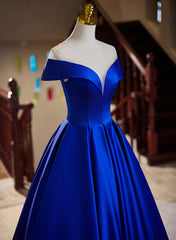 Royal Blue Satin A-line Long Evening Dress, Royal Blue Prom Dress