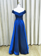 Royal Blue Satin A-line Simple Off Shoulder Prom Dress, Blue Bridesmaid Dress