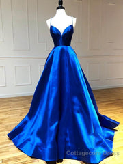 Royal Blue Satin A Line V Neck Long Prom Dress