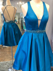 Royal Blue Satin Deep V-neck Backless Homecoming Dress