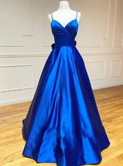 Royal Blue Satin Spaghetti Straps Prom Dress