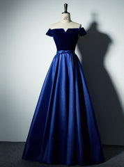 Royal Blue Satin Velvet Off the Shoulder Prom Dress