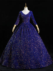 Royal Blue Sequins Long Sleeve V-neck Quinceanera Dress