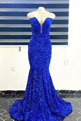 Royal Blue Sequins Strapless Mermaid Long Prom Dress