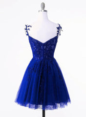 Royal Blue Tulle with Lace Applique Short Formal Dress, Royal Blue Homecoming Dress