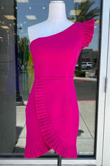 Ruffle Sleeve Fuchsia One Shoulder Homecoming Dress