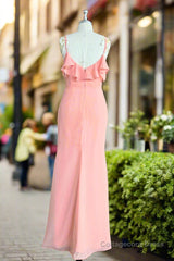 Ruffle V-neck Flutter Sleeves Mermaid Chiffon Coral Pink Bridesmaid Dress