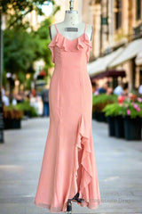 Ruffle V-neck Flutter Sleeves Mermaid Chiffon Coral Pink Bridesmaid Dress