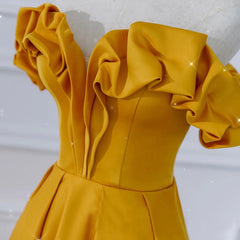 Satin Dark Yellow Off Shoulder Party Dress, A-line Satin Prom Dress