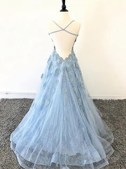 Scoop Neck Light Blue Backless Lace Prom Dresses, Scoop Neck Blue Lace Formal Evening Dresses