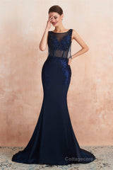 See-Through Tassel Mermaid Beaded Navy Blue Prom Dresses