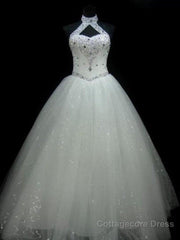 Sequin Ball Gown Sleeveless Floor Length Beading Tulle Halter Wedding Dresses