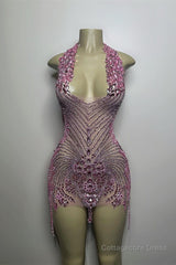 Sequined Mermaid Halter Jersey Beading Sleeveless Mini Rhinestone Party Dress With Feather