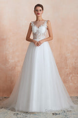 Sequins White Tulle Affordable Wedding Dresses with Appliques