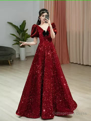 Sexy A line Burgundy Sequin Prom Dresses Evening Dress