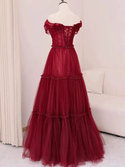 Sexy A Line Off The Shoulder Burgundy Tulle Floor Length Evening Dress Prom Dresses