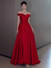 Sexy A Line Off The Shoulder Satin Red Floor Length Evening Dress Prom Dresses