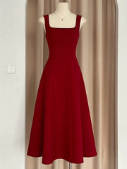 Sexy A Line Square Neckline Red Satin Ankle Length Evening Dress Prom Dresses