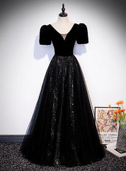 Sexy Black Tulle Sequins V-neck Short Sleeve Prom Dress