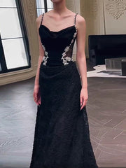 Sexy Mermaid Spaghetti Straps Black Floor Length Evening Dress Prom Dresses