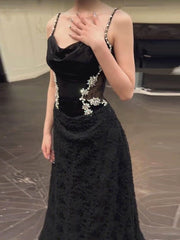 Sexy Mermaid Spaghetti Straps Black Floor Length Evening Dress Prom Dresses