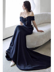 Sexy Sheath Off The Shoulder Navy Blue Satin Floor Length Evening Dress Prom Dresses