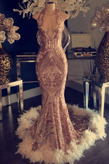 Sexy V-neck Halter Mermaid Prom Dress Gold Sequins Long Backless