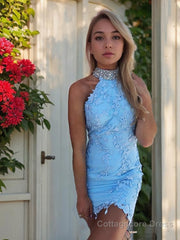 Sheath/Column Halter Short/Mini Lace Homecoming Dresses With Beading