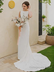 Sheath/Column Jewel Sweep Train Stretch Crepe Wedding Dresses