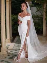 Sheath/Column Off-the-Shoulder Chapel Train Charmeuse Wedding Dresses With Leg Slit