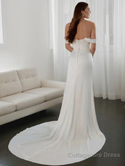 Sheath/Column Off-the-Shoulder Court Train Charmeuse Wedding Dresses With Leg Slit