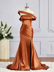 Sheath/Column Off-the-Shoulder Sweep Train Silk like Satin Bridesmaid Dresses with Leg Slit