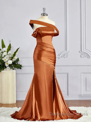 Sheath/Column Off-the-Shoulder Sweep Train Silk like Satin Bridesmaid Dresses with Leg Slit