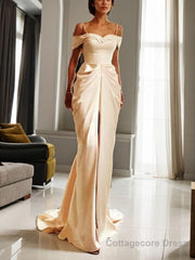 Sheath/Column Off-the-Shoulder Sweep Train Silk like Satin Wedding Dresses With Leg Slit