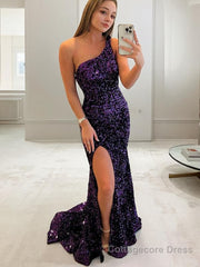 Sheath/Column One-Shoulder Sweep Train Velvet Sequins Evening Dresses With Leg Slit