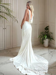 Sheath/Column Scoop Court Train Silk like Satin Wedding Dresses