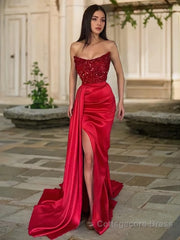 Sheath/Column Strapless Sweep Train Elastic Woven Satin Evening Dresses With Leg Slit