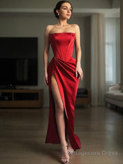 Sheath/Column Strapless Sweep Train Satin Prom Dresses With Leg Slit