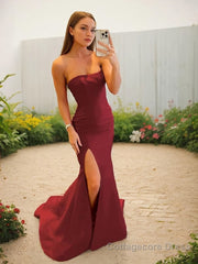 Sheath/Column Strapless Sweep Train Stretch Crepe Evening Dresses With Leg Slit