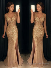 Sheath/Column V-neck Sweep Train Jersey Evening Dresses With Leg Slit