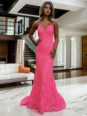 Sheath/Column V-neck Sweep Train Prom Dresses