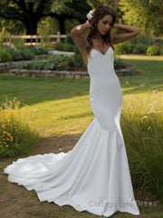 Sheath/Column V-neck Sweep Train Stretch Crepe Wedding Dresses