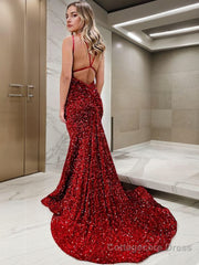 Sheath/Column V-neck Sweep Train Velvet Sequins Prom Dresses