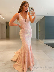 Sheath/Column V-neck Sweep Train Velvet Sequins Prom Dresses