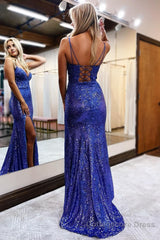 Sheath Spaghetti Straps Royal Blue Sequins Long Prom Dress with Silt