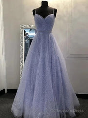 Shiny A Line V Neck Purple Lace Prom Dresses, A Line V Neck Purple Lace Formal Evening Dresses