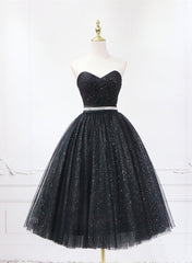 Shiny Black Sweetheart Tea Length Tulle Prom Dress, Black Evening Dress Homecoming Dress