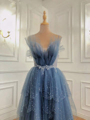 Shiny Blue Beaded Puffy Long Prom Dresses, Blue Beaded Long Formal Graduation Dresses