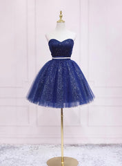 Shiny Blue Tulle Sweetheart Homecoming Dress Party Dress, Navy Blue Short Prom Dress